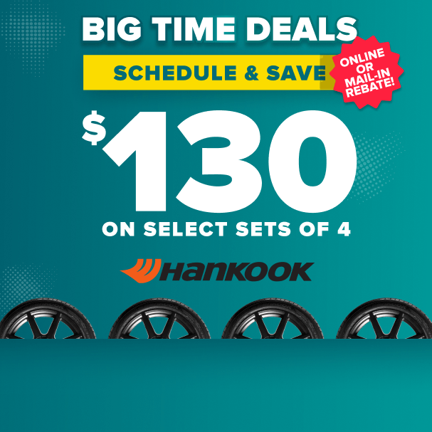 Hankook tire promotion advertising $130 savings on select sets of 4 tires with online or mail-in rebate on teal background