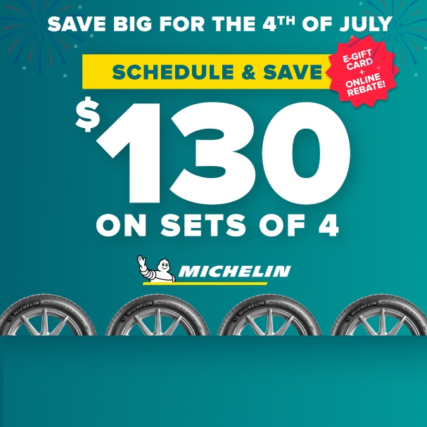 Michelin tire promotion offering $130 savings on sets of 4 tires for 4th of July with gift card and online rebate