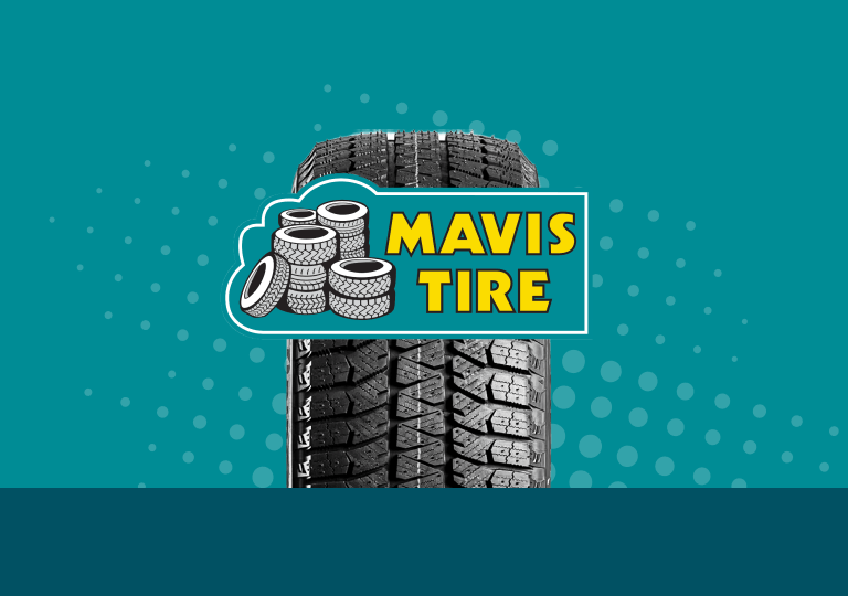 Mavis Tire logo with stacked tire illustrations on teal background with decorative dots and two tire treads displayed.