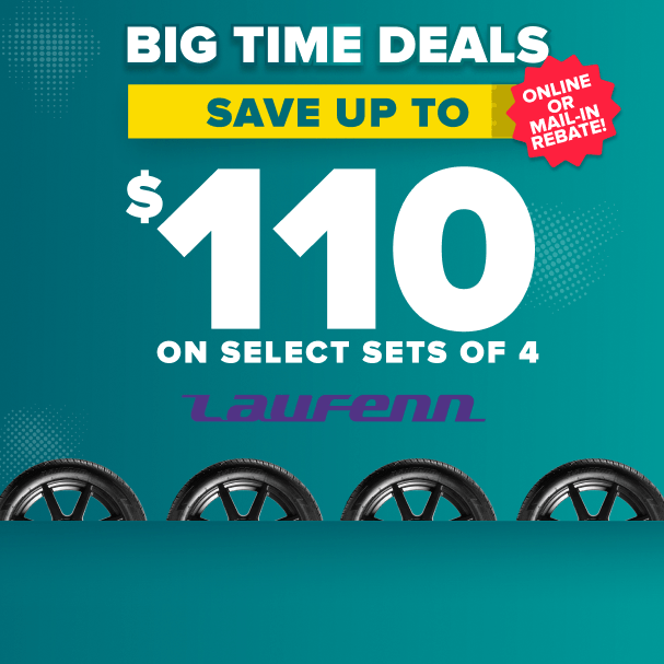 Tire sale advertisement on teal background showing save up to $110 on select sets of 4 Laufen tires with online or mail-in rebate