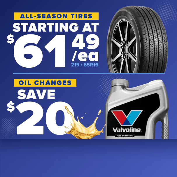 Automotive service promotion showing all-season tires starting at $61.49 each and oil changes with $20 savings on Valvoline.