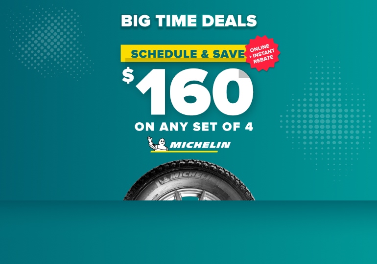 Michelin tire promotion offering $160 rebate on any set of 4 tires with online instant rebate on teal background