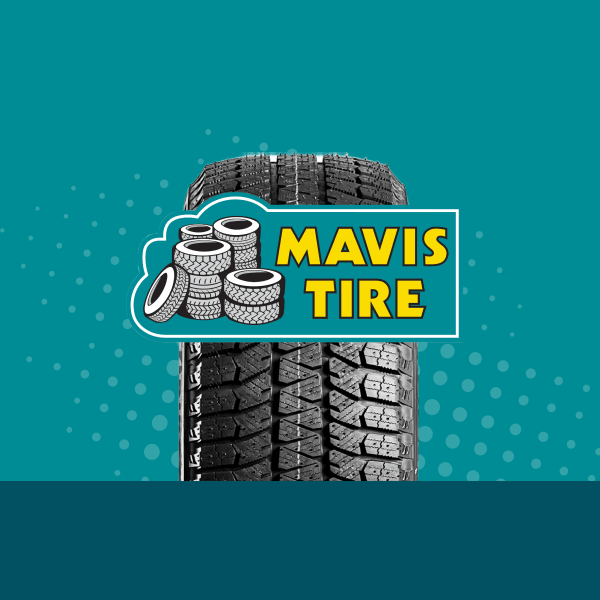 Mavis Tire logo with stacked tires illustration on teal background with tire tread images above and below