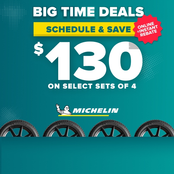 Michelin tire promotion on teal background showing $130 savings on select sets of 4 tires with online instant rebate offer.