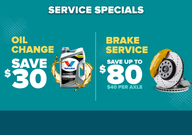 Evergreen banner: Oil changes save $30 with a Valvoline product, brakes service save up to $80 ($40 per axle), on teal background.