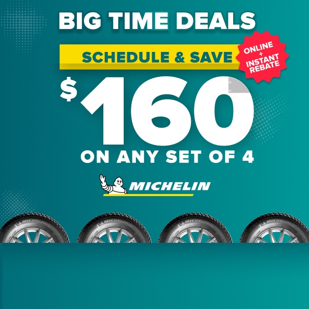 Michelin tire promotion offering $160 instant rebate on any set of 4 tires with online scheduling on teal background