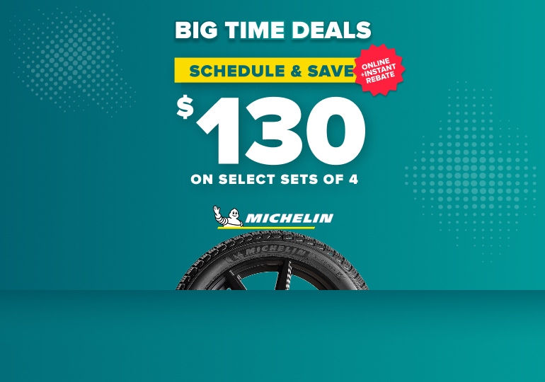 Michelin tire promotion on teal background advertising $130 off select sets of 4 tires with online instant rebate offer.